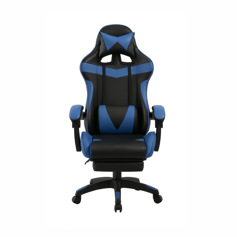 Silla gamer ergonómica Victory Xion, máx 120 kg, cojín lumbar y cervical, reposapiés, reclinación 135°, cuero PU, azul