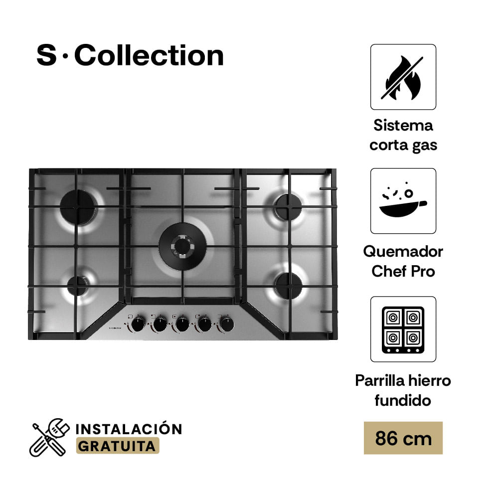 Imagen 2 del producto Encimera a gas S-Collection 86 cm, 5 quemadores italianos SABAF, parrillas hierro fundido, ignición automática, negro
