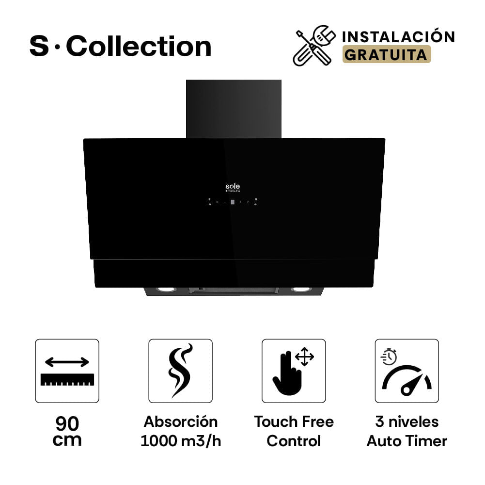 Imagen 2 del producto Campana extractora decorativa Signature 90 cm, 1000 m³/h, control Touch Free, autotimer, LED, filtros carbón/aluminio, negro