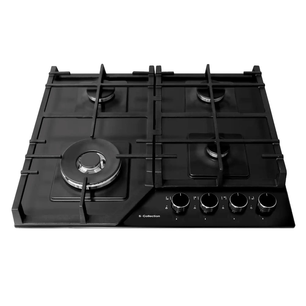 Encimera a gas S-Collection 58 cm, 4 quemadores SABAF, parrillas hierro fundido, encendido automático, vidrio templado, negro