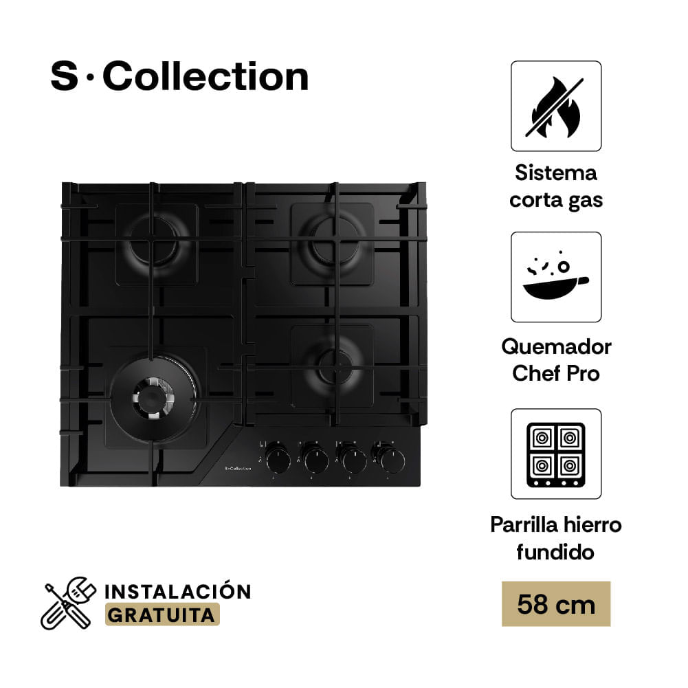 Imagen 2 del producto Encimera a gas S-Collection 58 cm, 4 quemadores SABAF, parrillas hierro fundido, encendido automático, vidrio templado, negro
