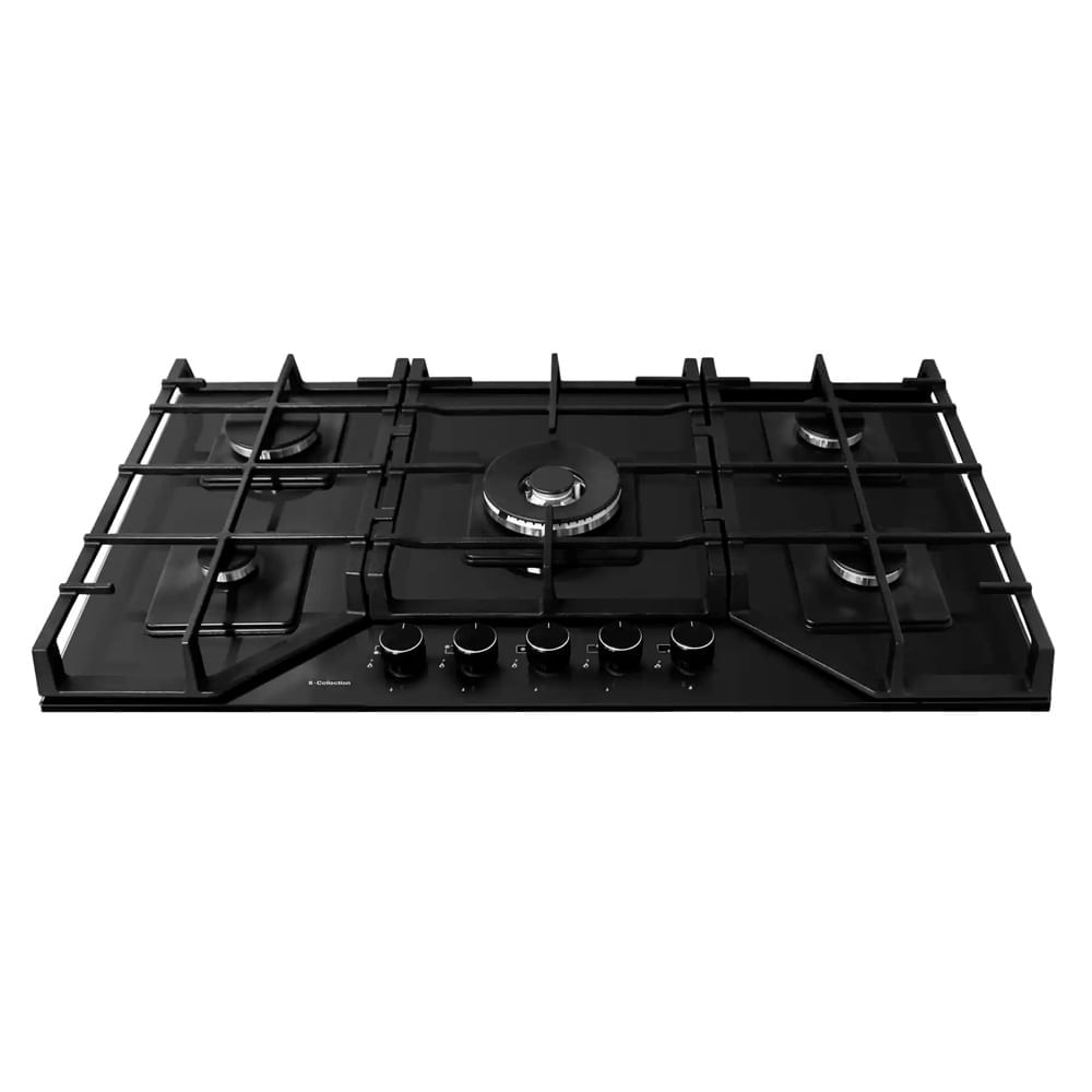 Imagen 1 del producto Encimera a gas S-Collection 86 cm, 5 quemadores SABAF, parrillas de hierro fundido, encendido automático, vidrio templado, negro