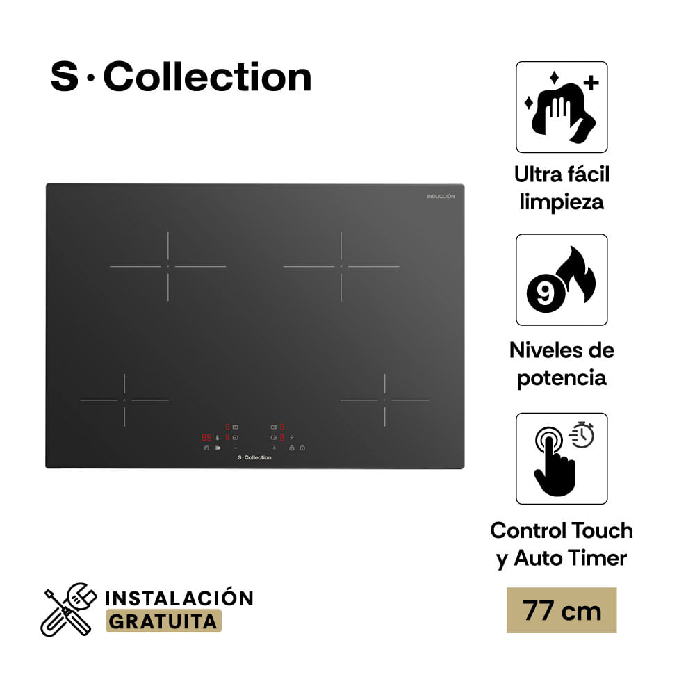 Imagen 2 del producto Encimera de inducción S-Collection 77 cm, 4 zonas, 9 niveles, función booster, panel digital touch, vitrocerámica Pure Ceran