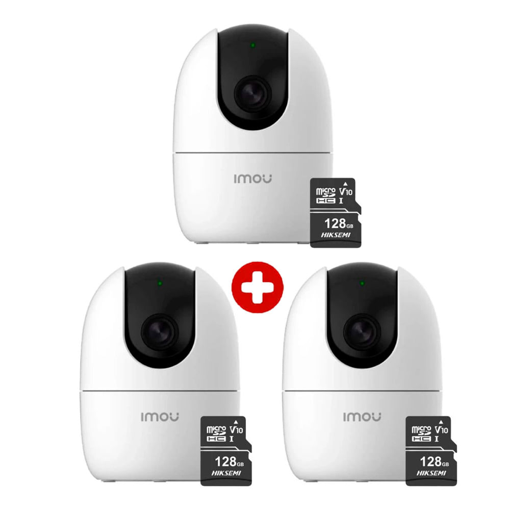Kit de 3 cámaras seguridad Wi-Fi IMOU Ranger 2 3MP, visión 360°, detección humana, audio bidireccional, blanco + Micro SD 128GB