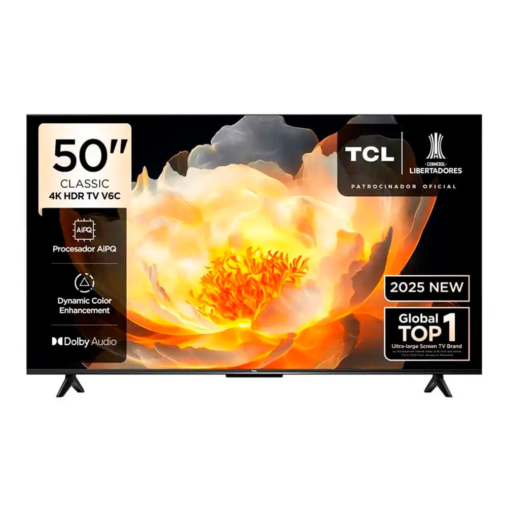 Smart TV TCL LED 50" 50V6C UHD 4K, Google TV, procesador AiPQ, tasa 60Hz, HDR10, Wi-Fi integrado, negro