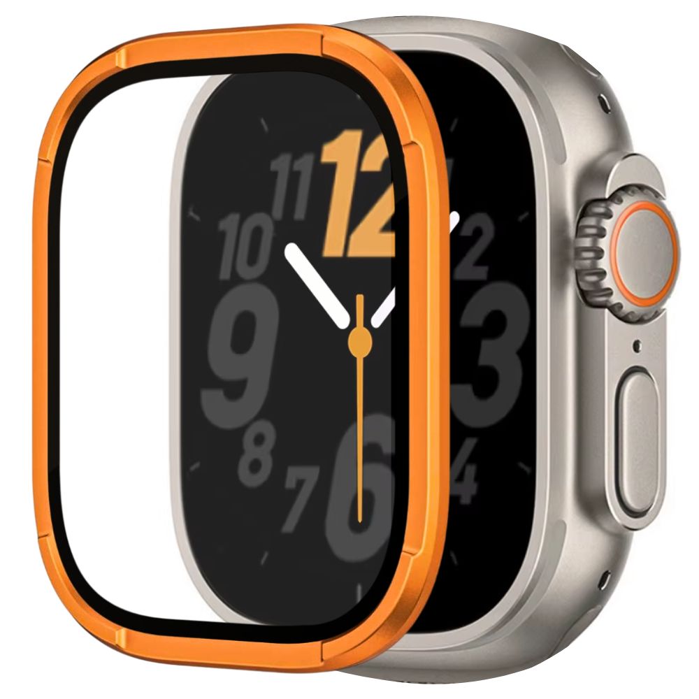 Protector de pantalla metal y vidrio templado para Apple Watch 49mm Military naranja