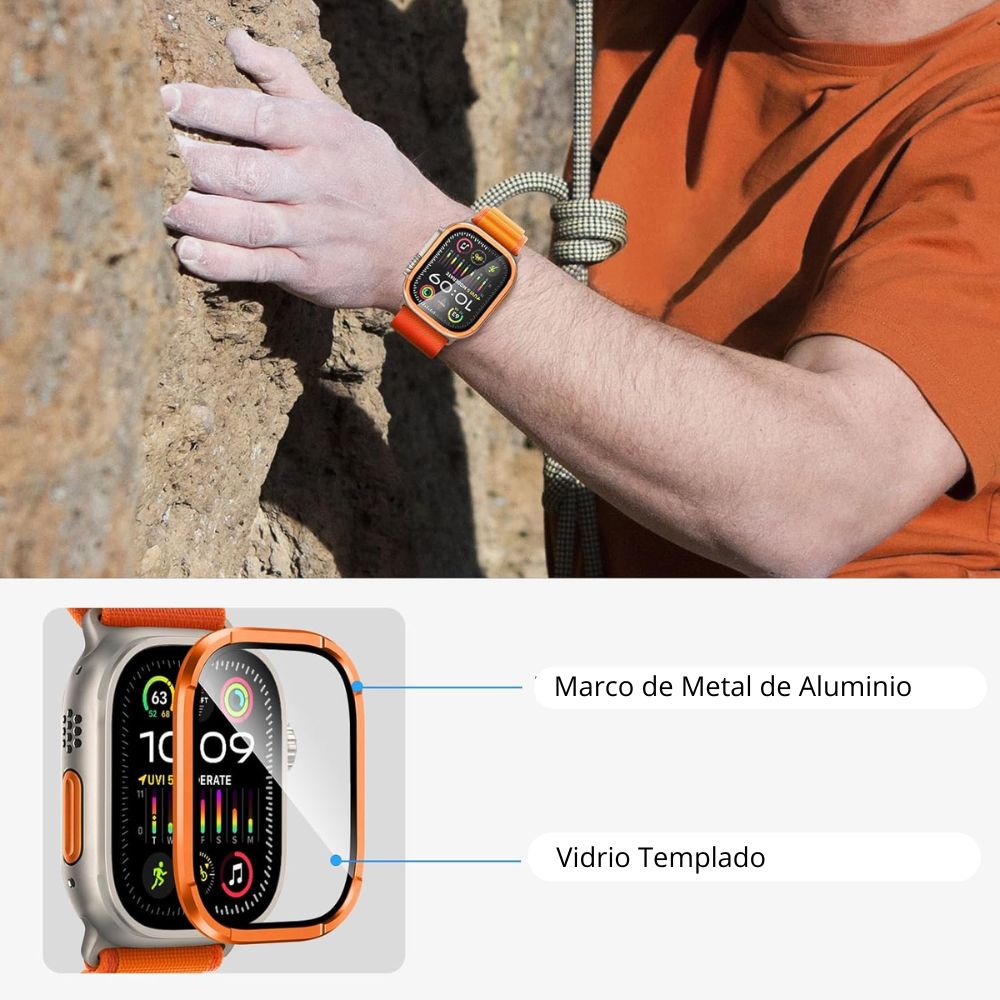 Imagen 2 del producto Protector de pantalla metal y vidrio templado para Apple Watch 49mm Military naranja