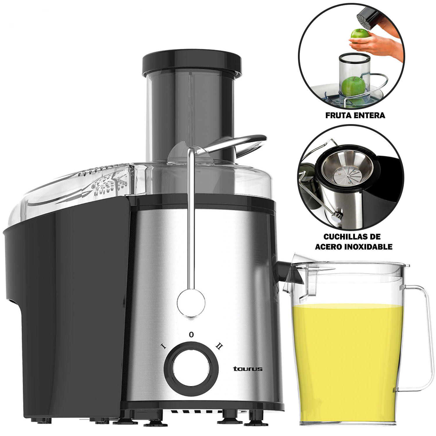 Imagen 2 del producto Extractor de jugo Taurus Liquafruits Max Pro 1000, 800W, jarra 1.1L, contenedor 2L, cuerpo de acero inoxidable