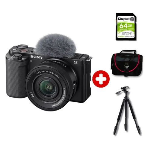 Cámara Sony ZV-E10 Mirrorless 24.2MP + lente 16-50mm II + Kit Deluxe con trípode y estuche profesional