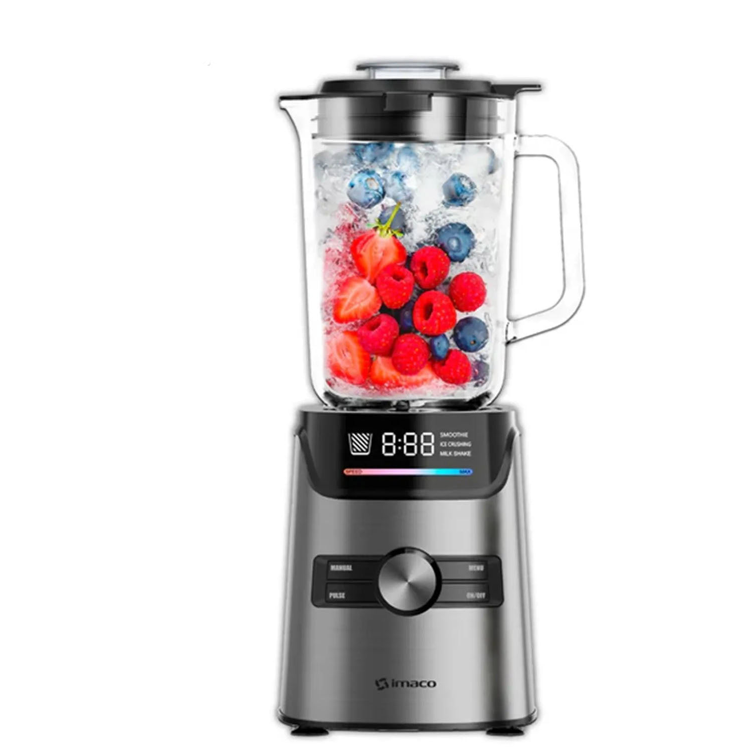 Licuadora Imaco BLS1418 1.7 litros con vaso de vidrio, panel LED, 1400W de potencia, diseño en acero inoxidable