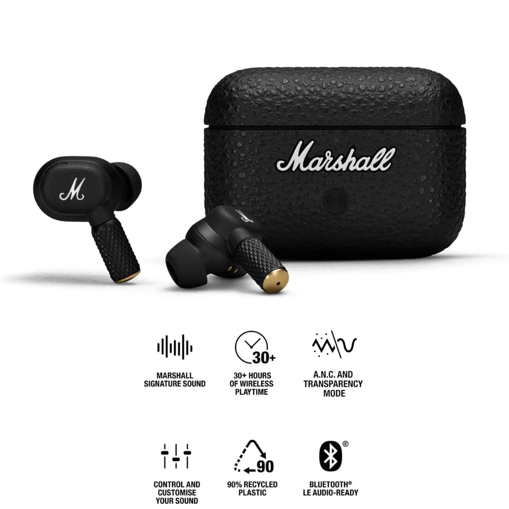 Imagen 2 del producto Audífonos bluetooth True Wireless Marshall Motif II cancelación de ruido, resistente al agua IPX5, duración máx. 30 horas con estuche de carga, negro