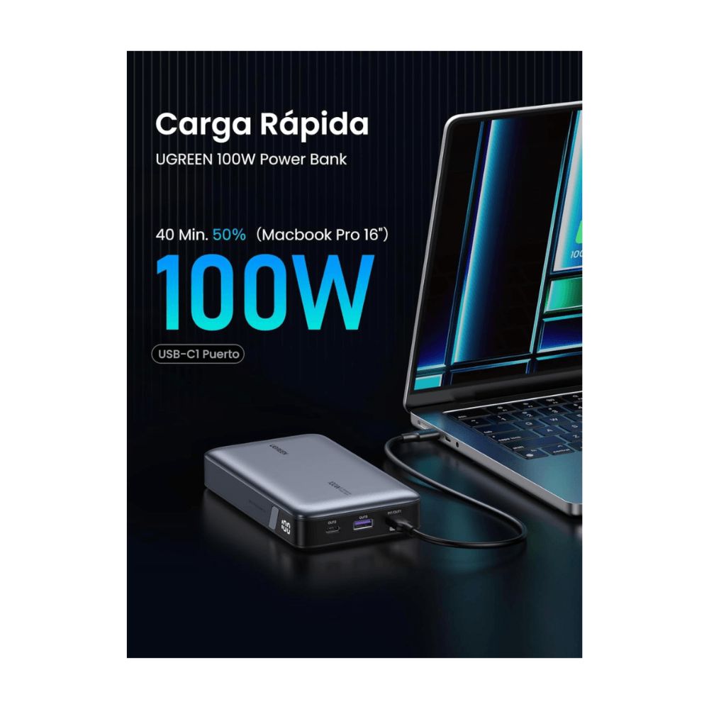 Imagen 2 del producto Power Bank Ugreen 20000mAh 100W PB720 con 3 puertos USB-C PD3.0, carga rápida, pantalla digital, negro