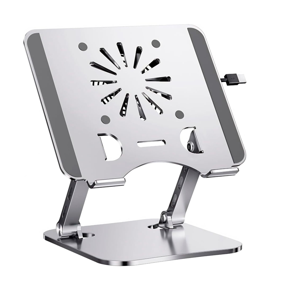 Soporte metálico ajustable para laptop con Cooler Fan USB, diseño ergonómico antideslizante, plateado