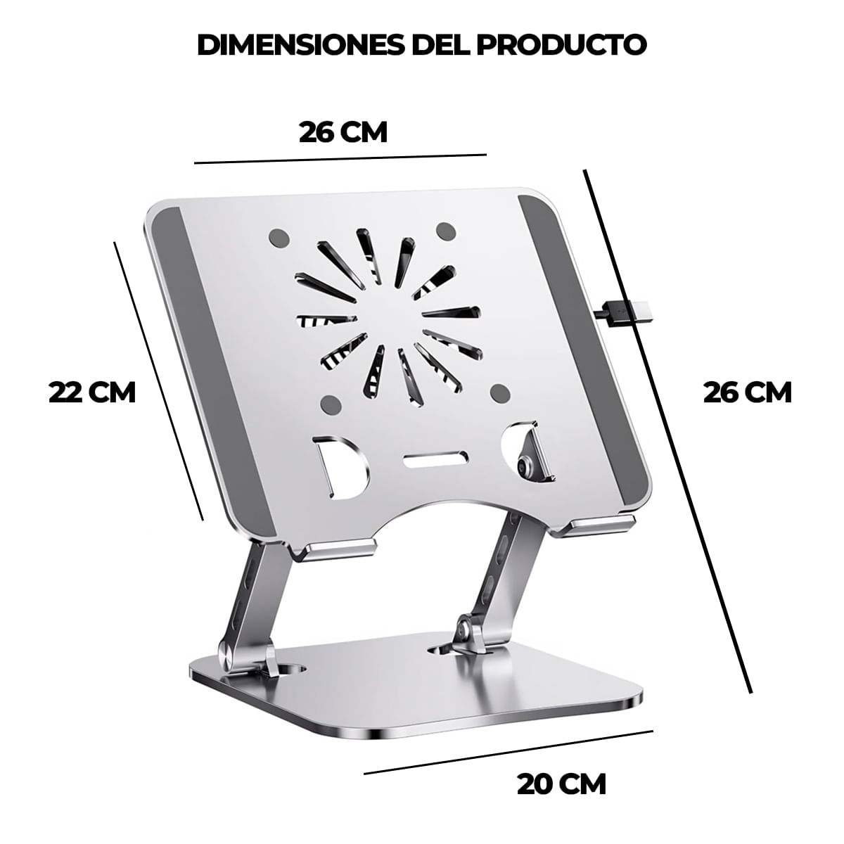Imagen 2 del producto Soporte metálico ajustable para laptop con Cooler Fan USB, diseño ergonómico antideslizante, plateado