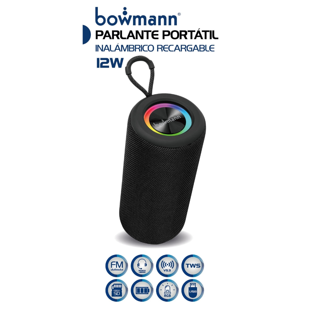 Imagen 2 del producto Parlante bluetooth portátil Bowmann BTS-200X, recargable, FM, TWS, negro