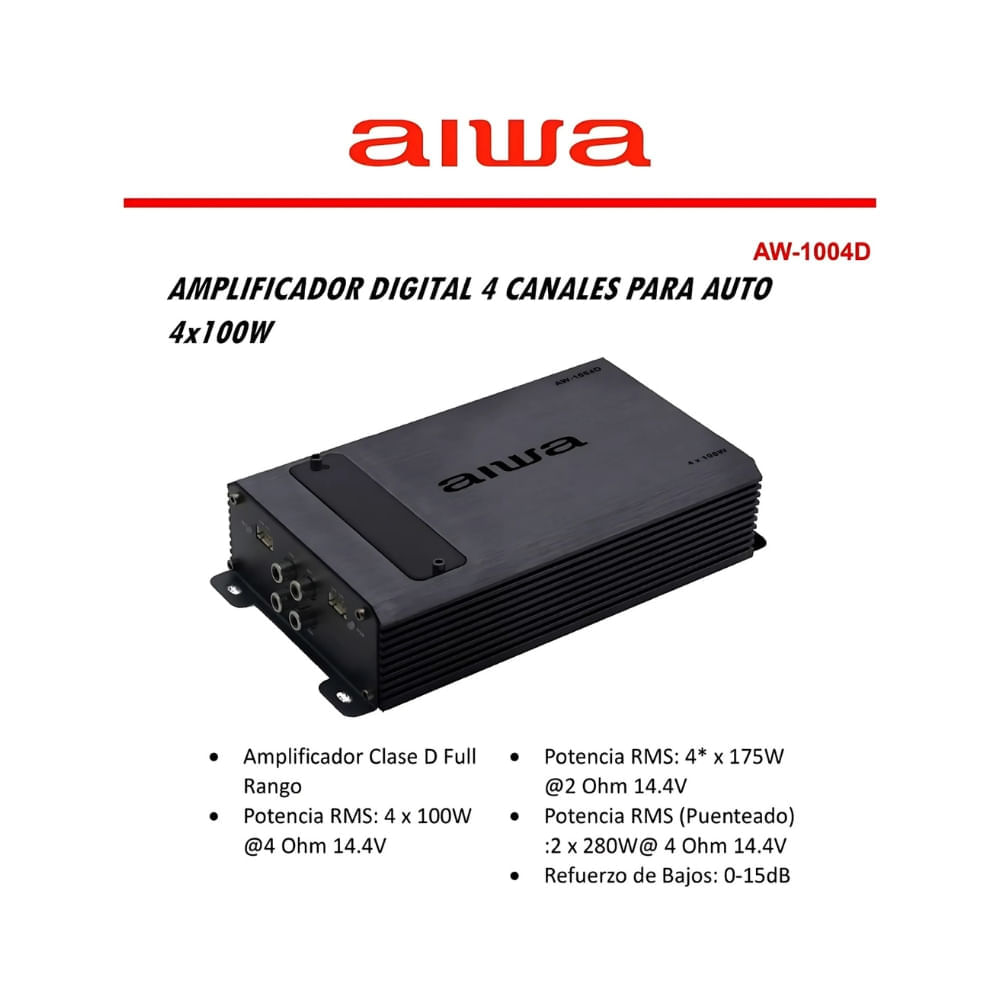 Imagen 2 del producto Amplificador digital 4 canales 4x100W RMS para Auto AIWA AW-1004D, negro