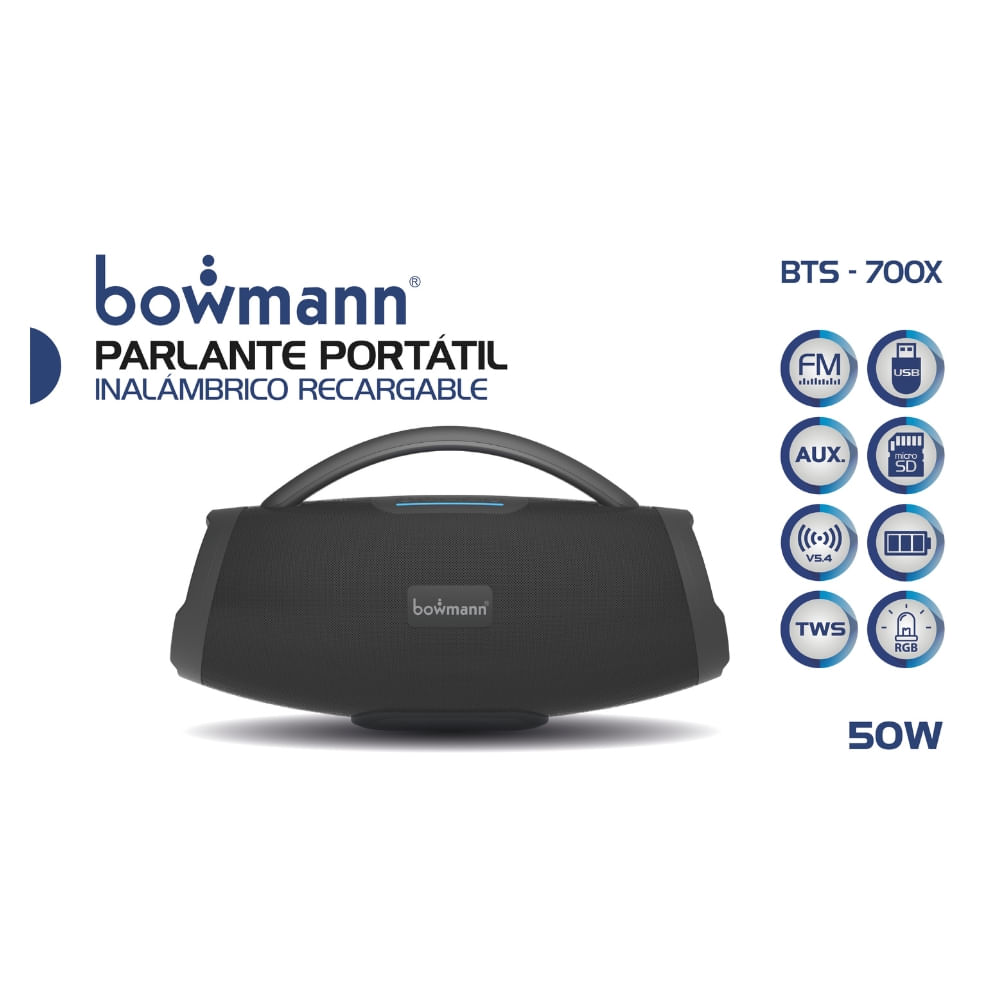 Imagen 2 del producto Parlante bluetooth portátil Bowmann BTS-700X recargable TWS, FM, 50W, negro