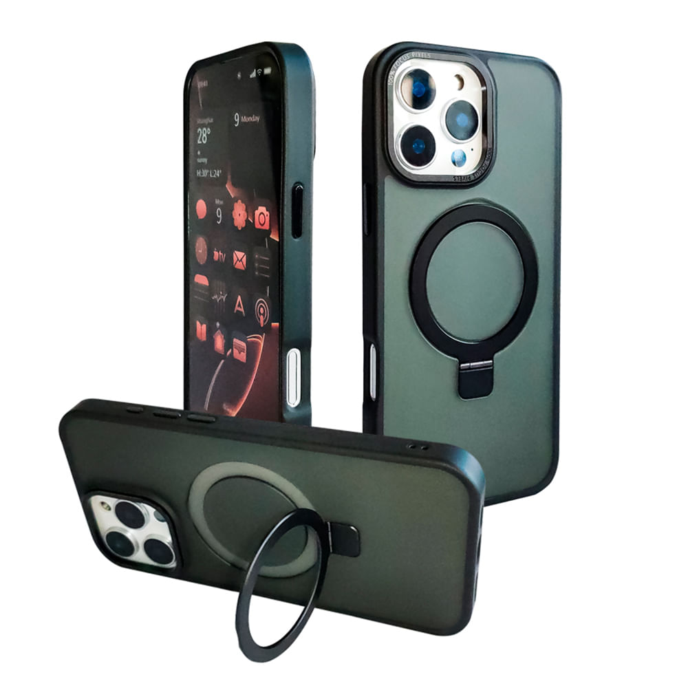 Case iBox para iphone 16 Pro Max metal matte, con magsafe para carga inalámbrica, con soporte en cámara, mate traslúcido negro