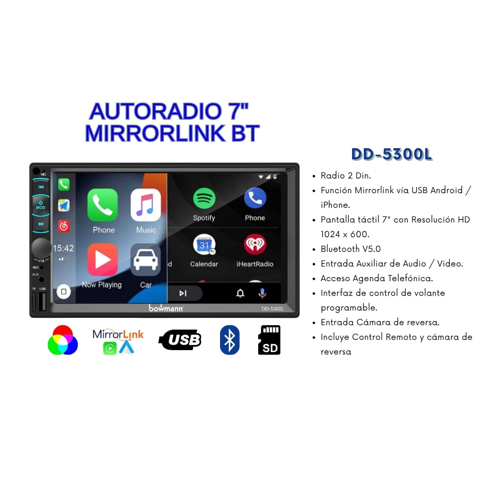 Imagen 2 del producto Autoradio Bowmann Mirrorlink compatible Android iOS 7, HD, BT, USB, AUX, negro