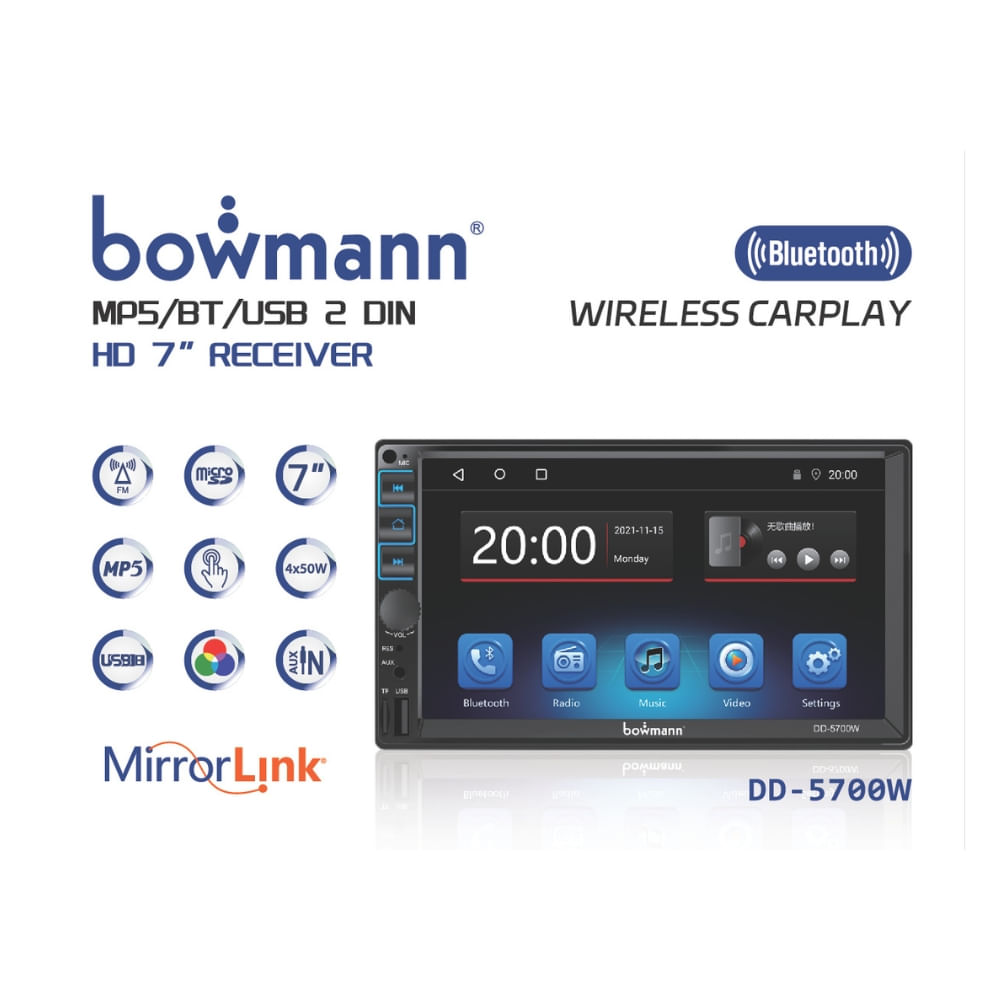 Imagen 2 del producto Autoradio Bowmann DD-5700WC 7"" HD con CarPlay, Android Auto inalámbrico, Mirrorlink, Bluetooth y cámara de reversa incluida