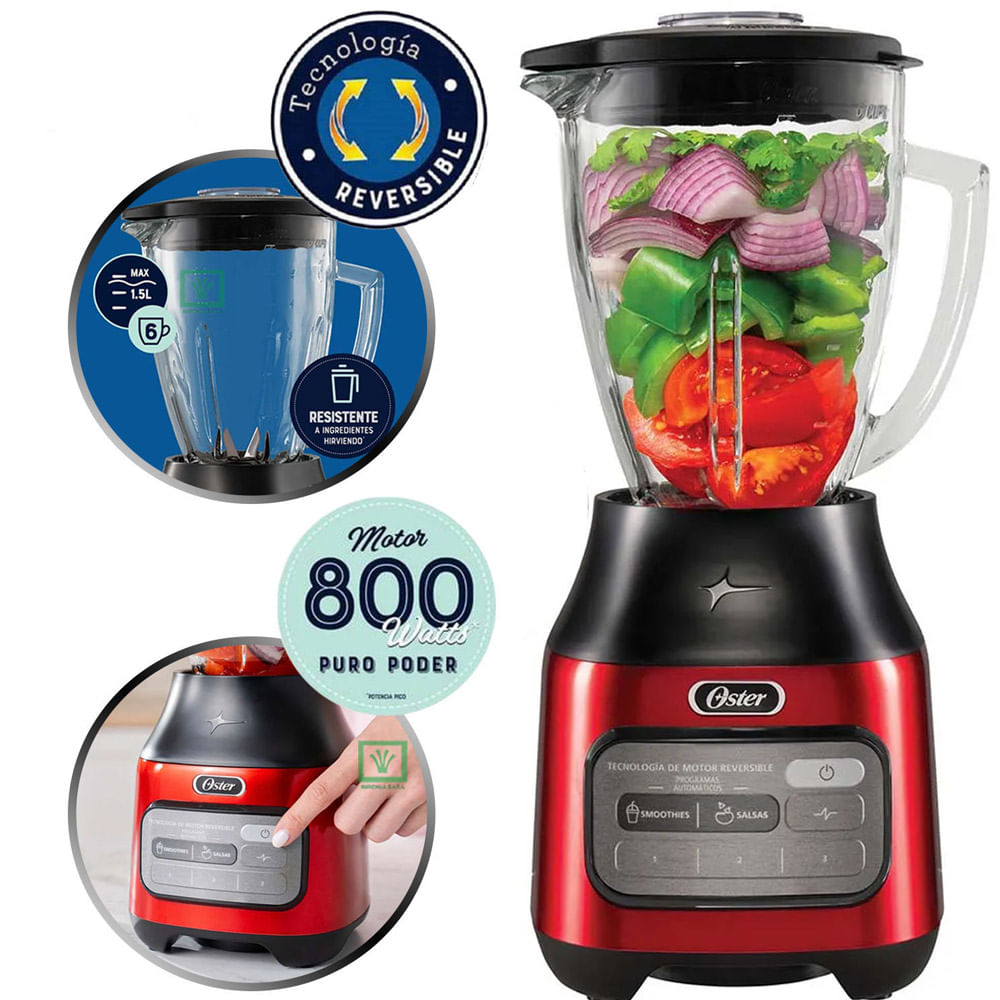 Imagen 2 del producto Licuadora Oster BLSTPEG-CRT con tecnología reversible, vaso de vidrio Boroclass, 800W, 3 velocidades + pulso, rojo