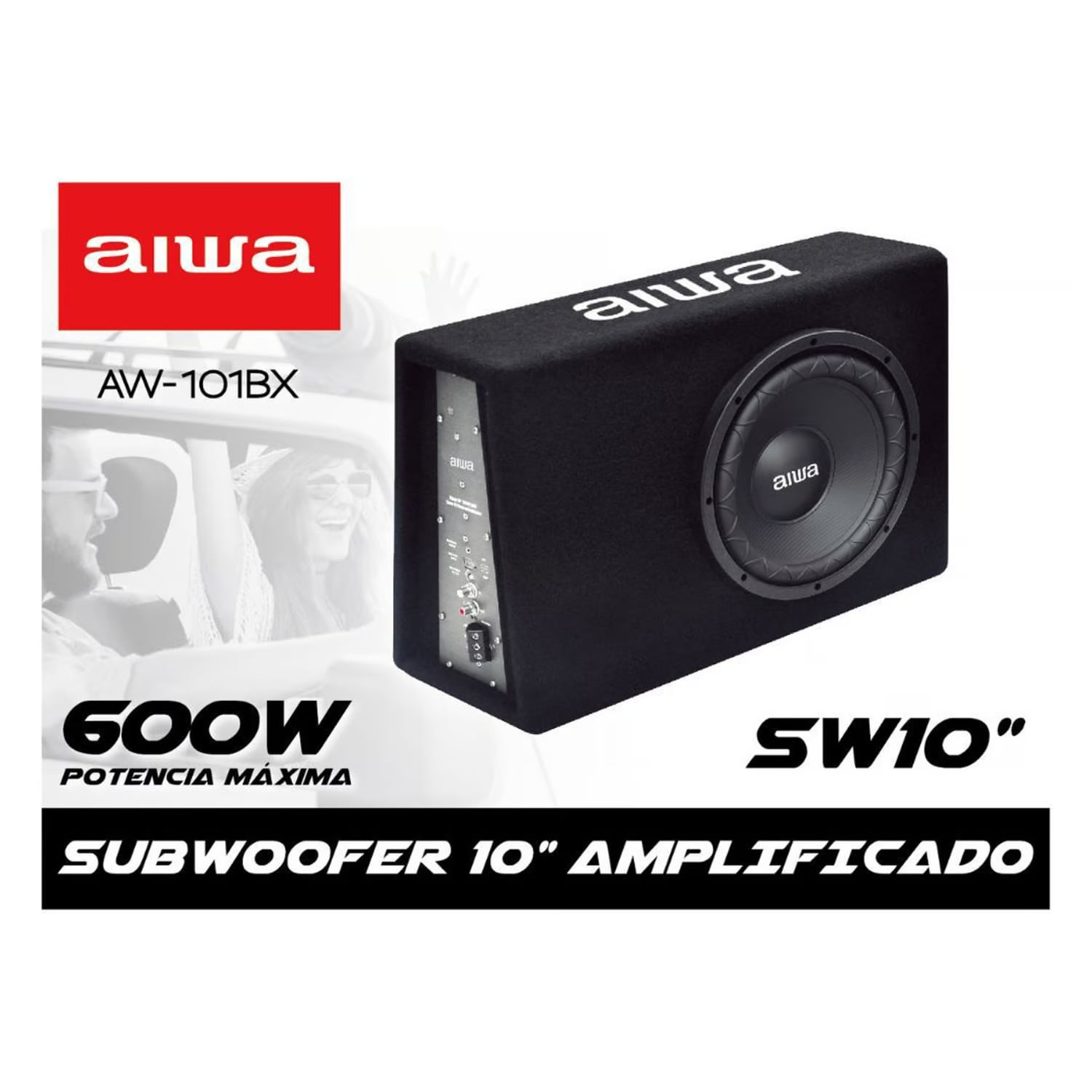 Imagen 2 del producto Subwoofer AIWA parlante amplificador para auto caja 10"" Slim, alfombrada, 600W, negro - AW-101BX