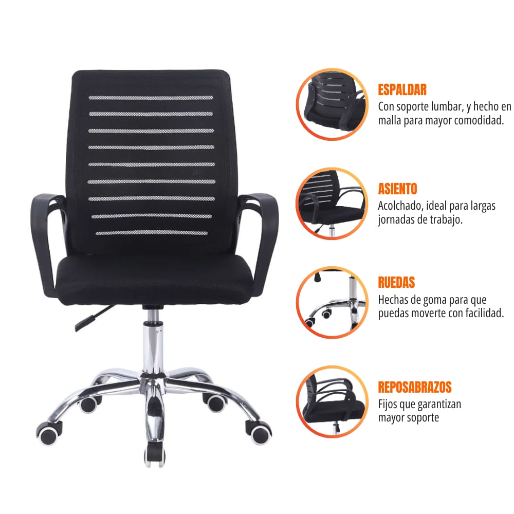 Imagen 2 del producto Silla de escritorio ergonómica DC-105 con soporte lumbar, ajuste de altura, giro 360° y materiales transpirables, negro