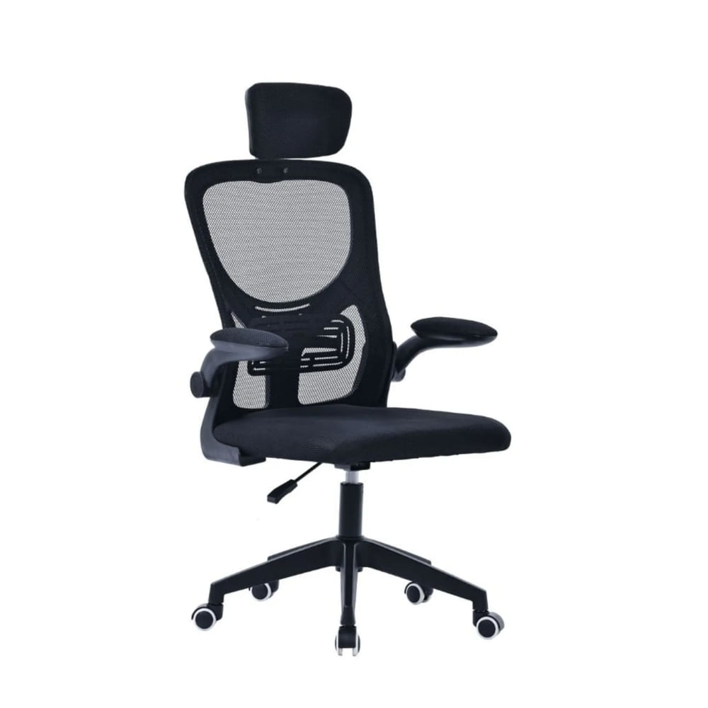 Silla de oficina gerencial DC-357 con respaldo alto, soporte lumbar, apoyabrazos retráctiles y giro 360°, negro