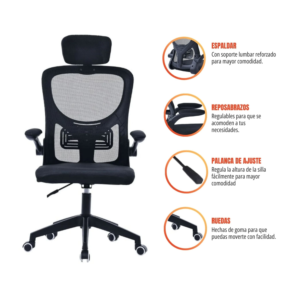Imagen 2 del producto Silla de oficina gerencial DC-357 con respaldo alto, soporte lumbar, apoyabrazos retráctiles y giro 360°, negro