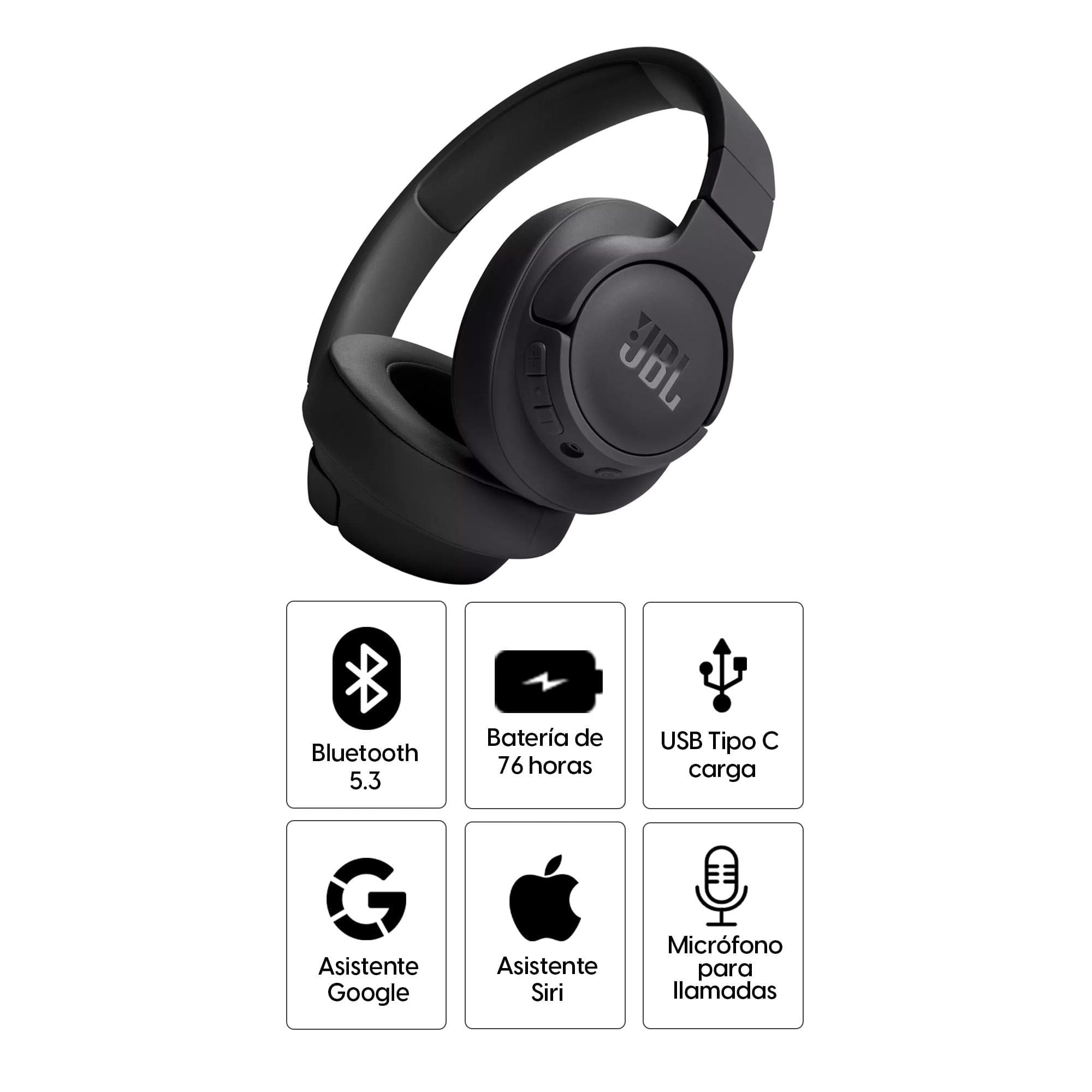 Imagen 2 del producto Audífonos bluetooth on ear JBL T720 Pure Bass micrófono incorporado, máx. 76 horas, control de música y llamadas, negro