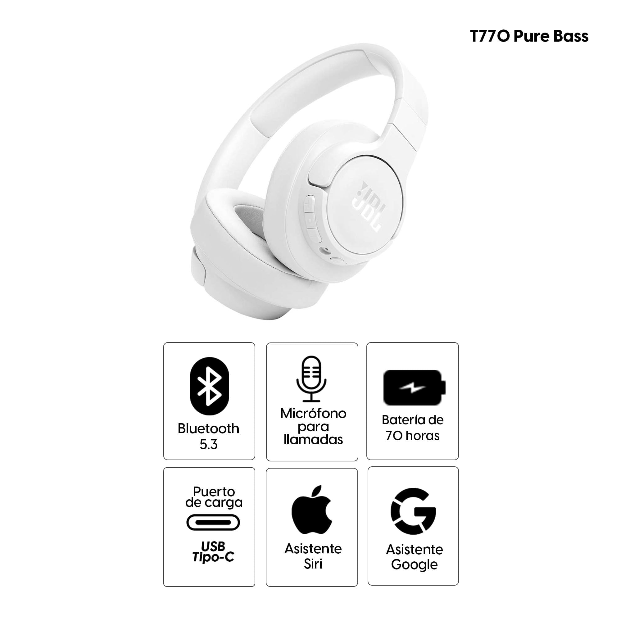 Imagen 2 del producto Audífonos con cancelación de ruido JBL T770 Pure Bass micrófono incorporado, máx. 70 horas, control de música y llamadas, blanco