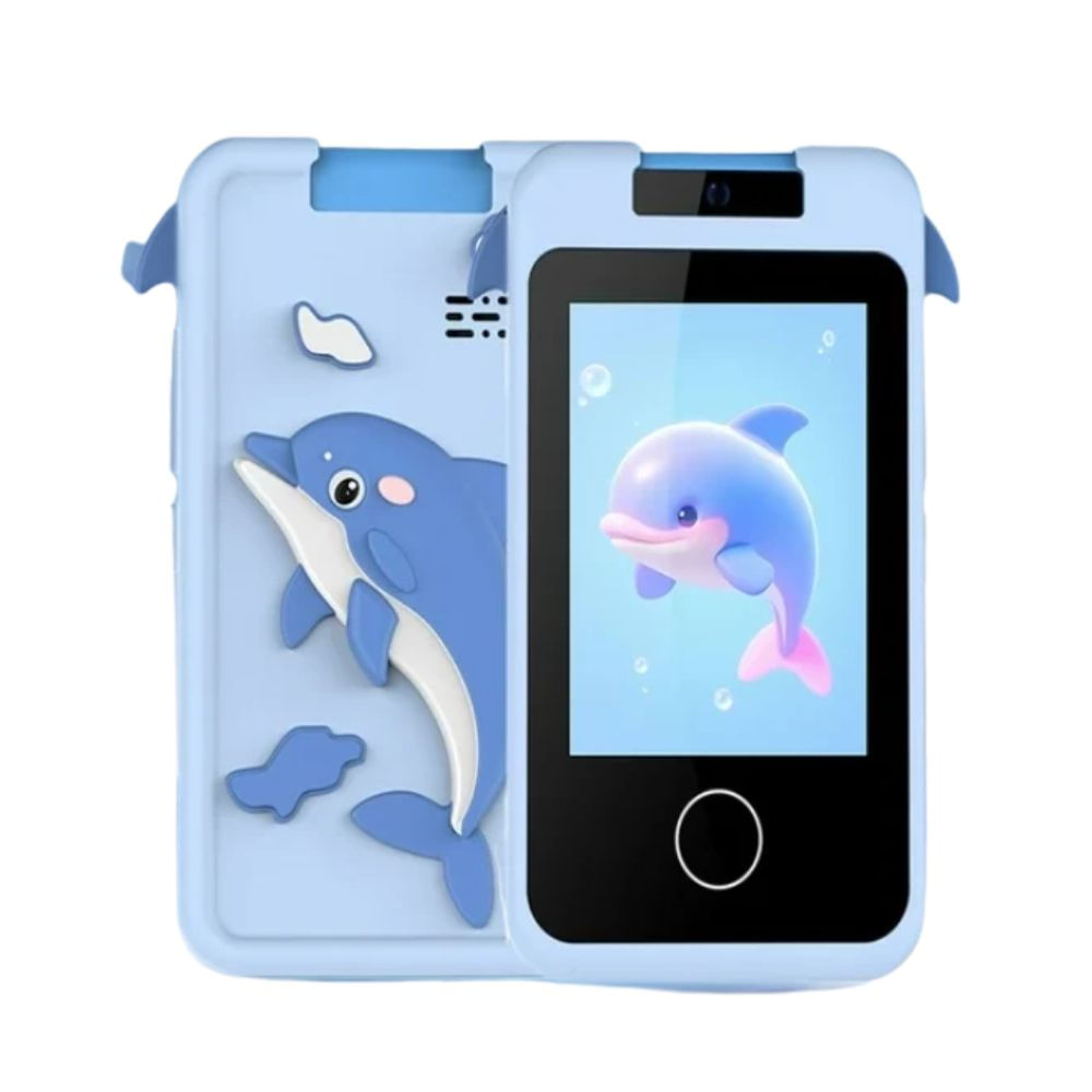 Cámara digital Delfín tipo celular para niños, memoria hasta 64GB, pantalla táctil, grabación HD, azul