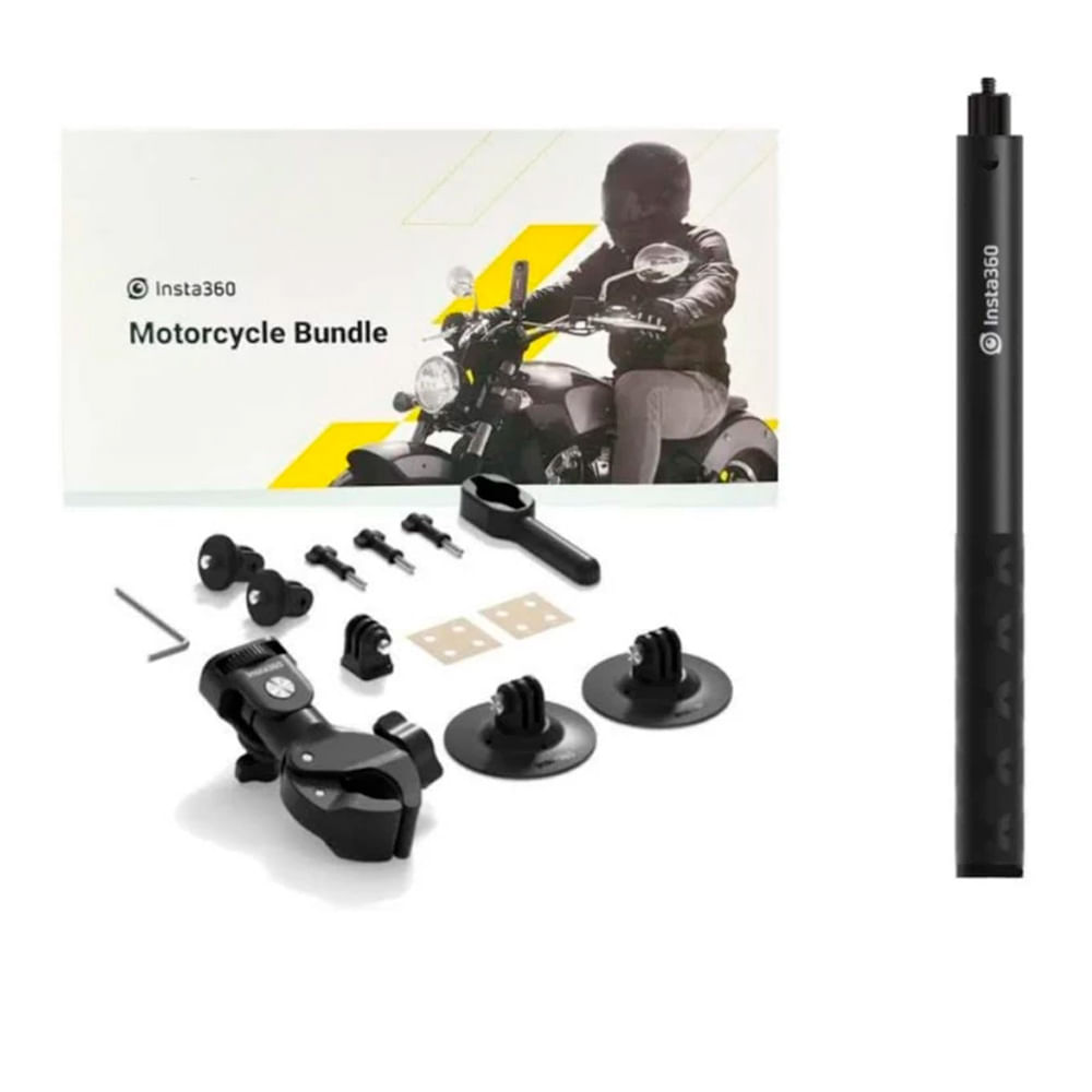 Imagen 1 del producto Kit motociclista Insta360 nueva versión, palo selfie 114 cm, abrazadera universal y soporte adhesivo flexible, negro
