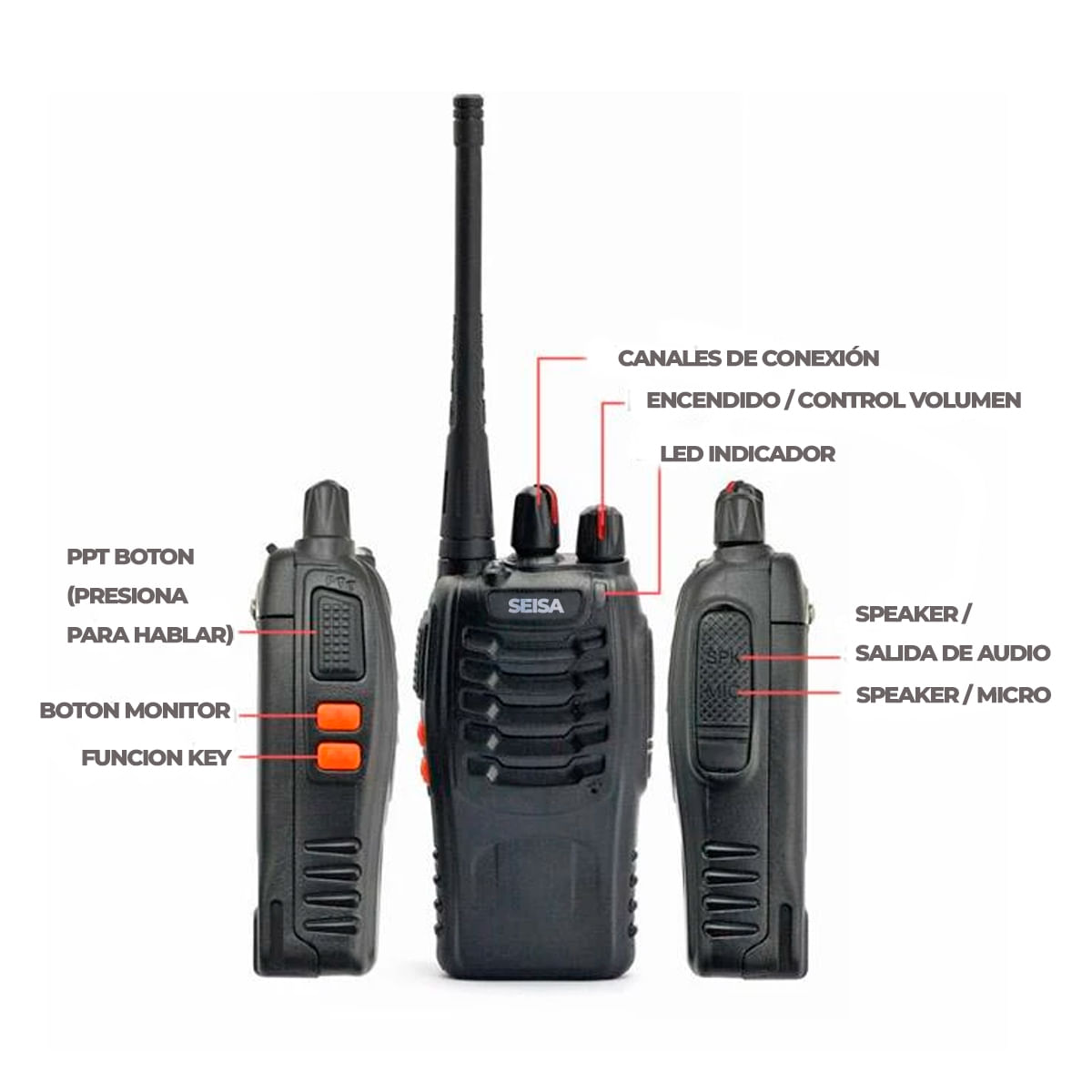 Imagen 2 del producto Walkie Talkie Seisa radio portátil pack x2 transmisor y receptor, comunicación bidireccional, batería recargable, negro
