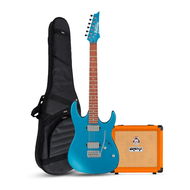 Guitarra eléctrico Ibanez GRX120SP Metallic Light Blue, amplificador Orange Crush 12W y accesorios completos, azul
