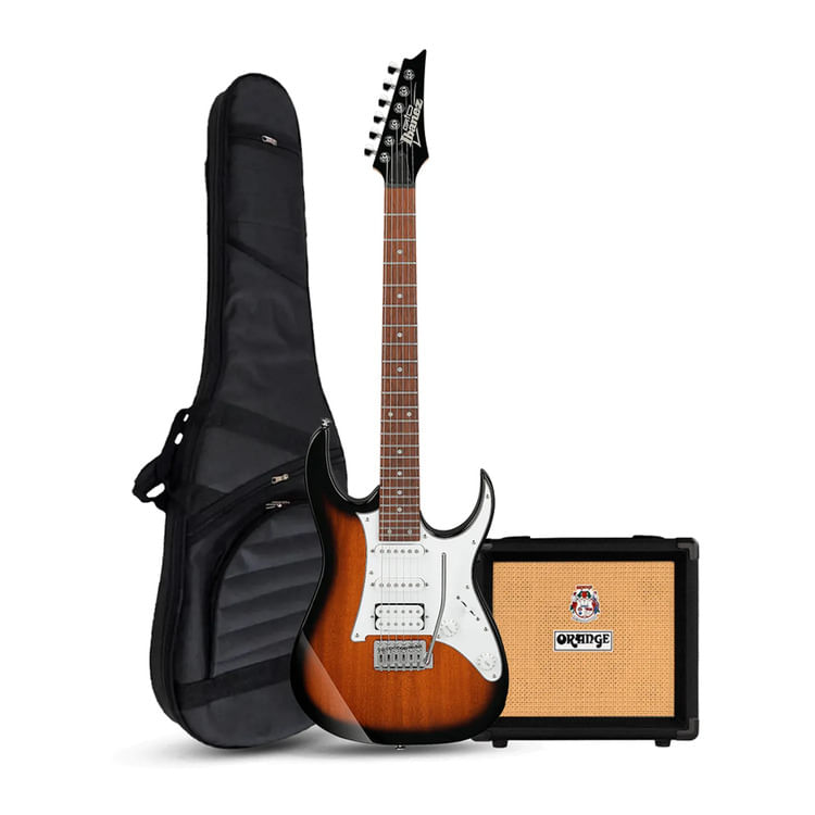 Imagen 1 del producto Guitarra electrica Ibanez GRG140 Sunburst, con amplificador Orange Crush 12W y accesorios completos