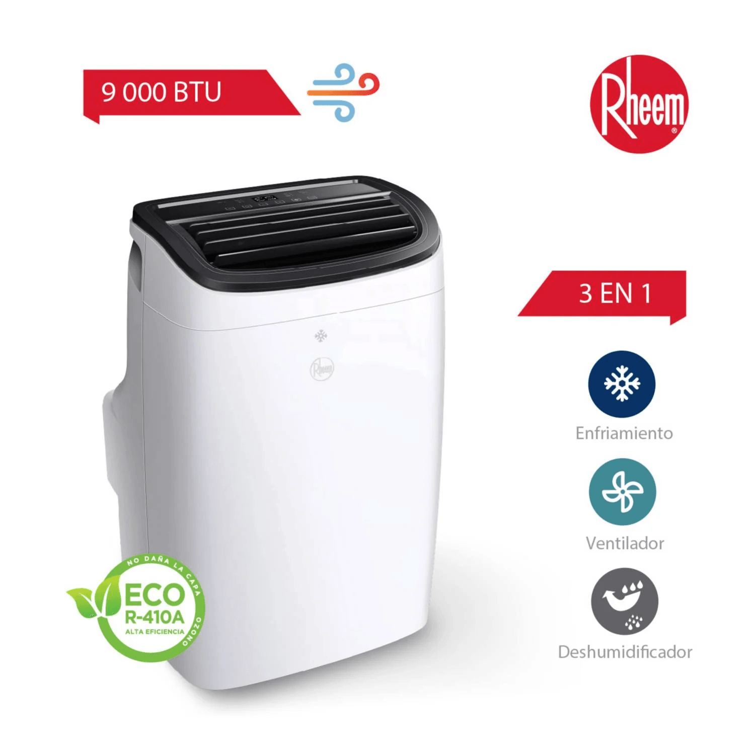 Imagen 2 del producto Aire acondicionado portátil Rheem 9000 BTU frío solo, autolimpieza, temporizador, control remoto, blanco
