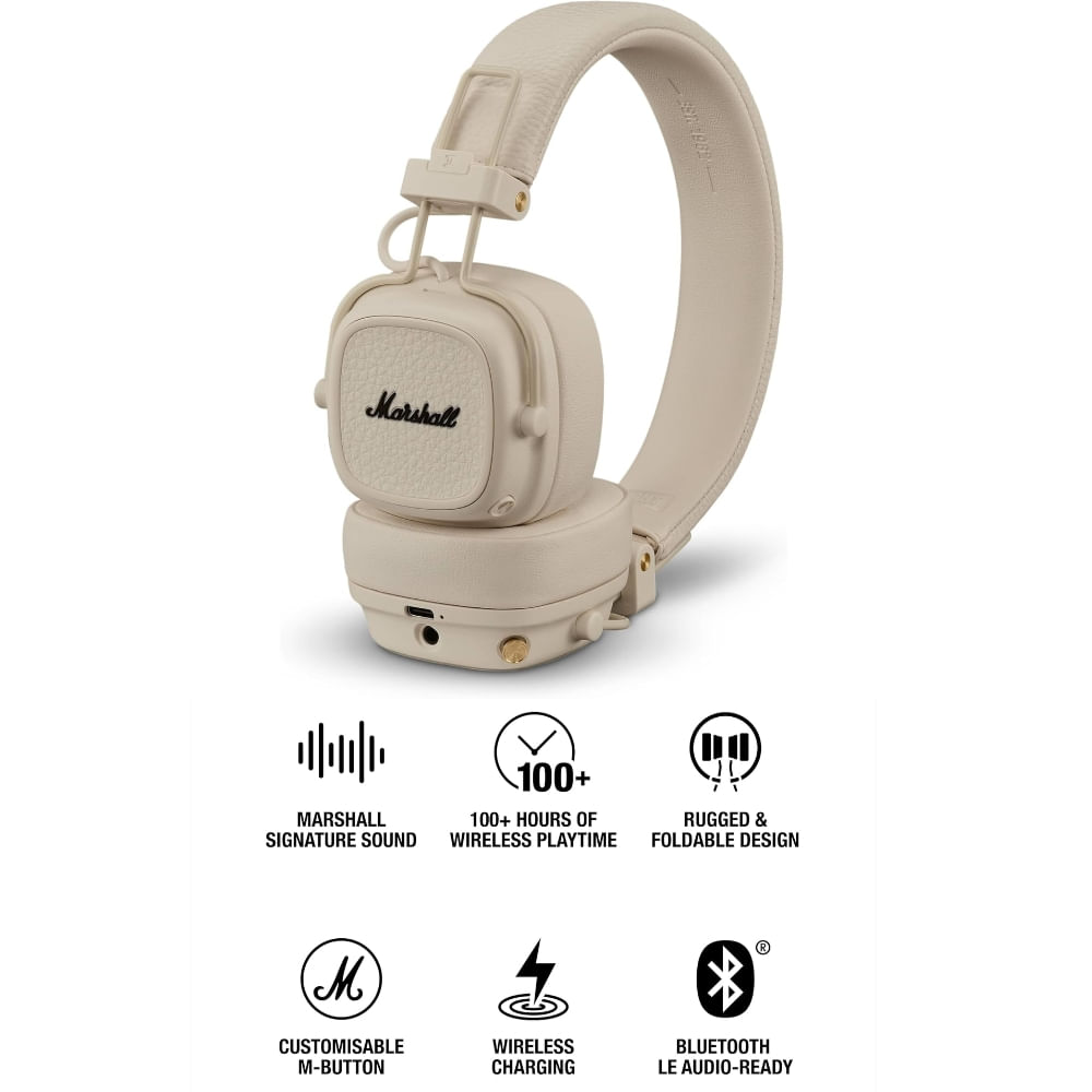 Imagen 2 del producto Audífonos Marshall Major V bluetooth on-ear, hasta 100 horas de reproducción, sonido icónico, crema