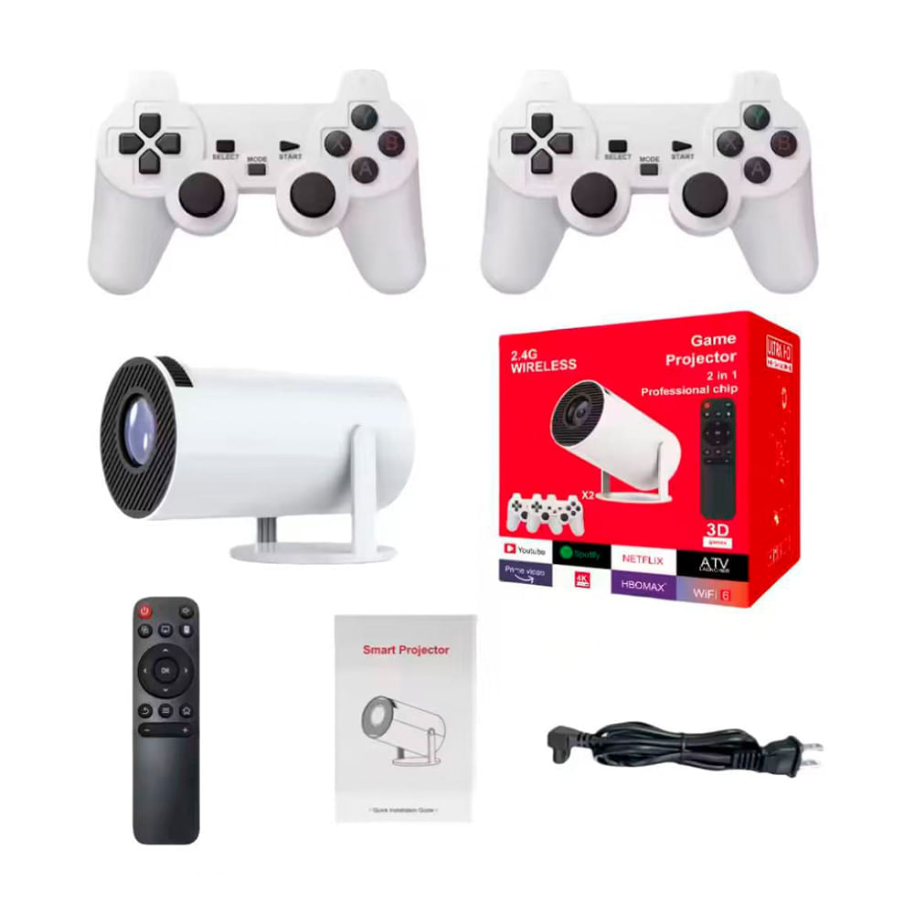 Proyector portátil Westminster HN-P204, Android 11, HD 720p, conectividad HDMI y USB, blanco + 2 mandos inalámbricos + juegos preinstalados