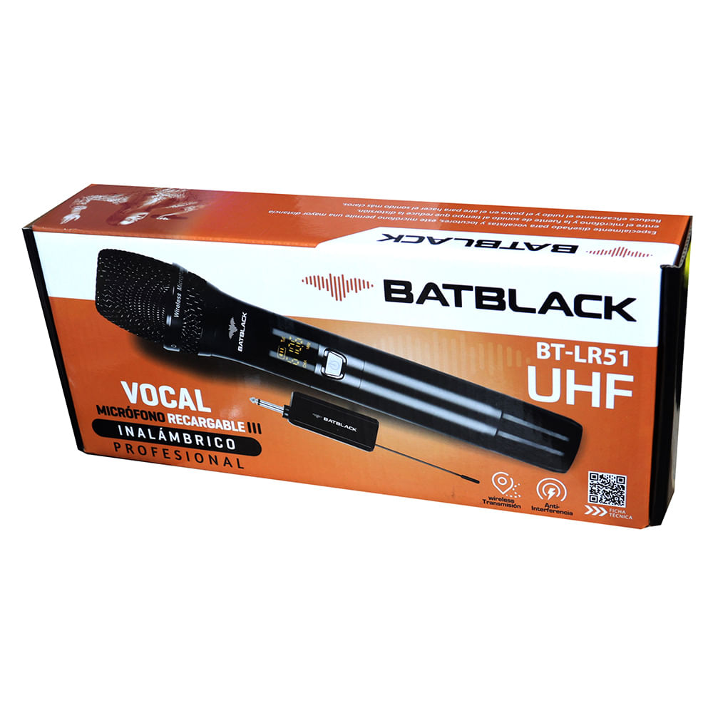 Imagen 2 del producto Micrófono inalámbrico Batblack, con receptor recargable, cobertura de 50 metros, negro