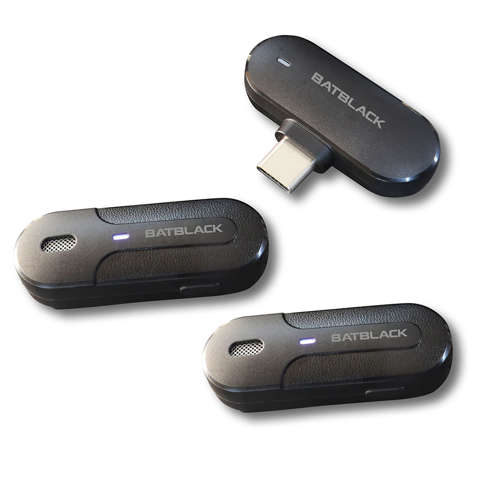 Micrófono inalámbrico Lavalier Batblack, con estuche de carga, doble emisor, entrada tipo- C, cobertura 30 metros, negro