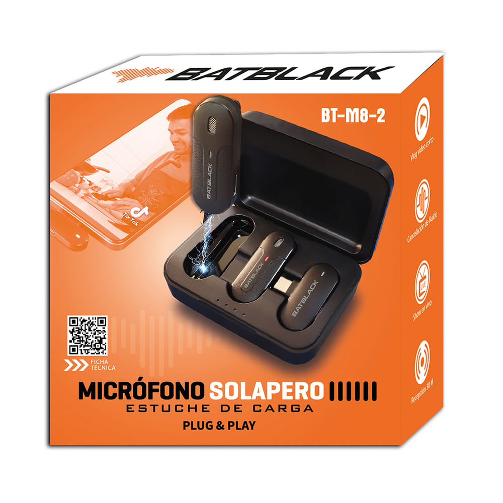 Imagen 2 del producto Micrófono inalámbrico Lavalier Batblack, con estuche de carga, doble emisor, entrada tipo- C, cobertura 30 metros, negro