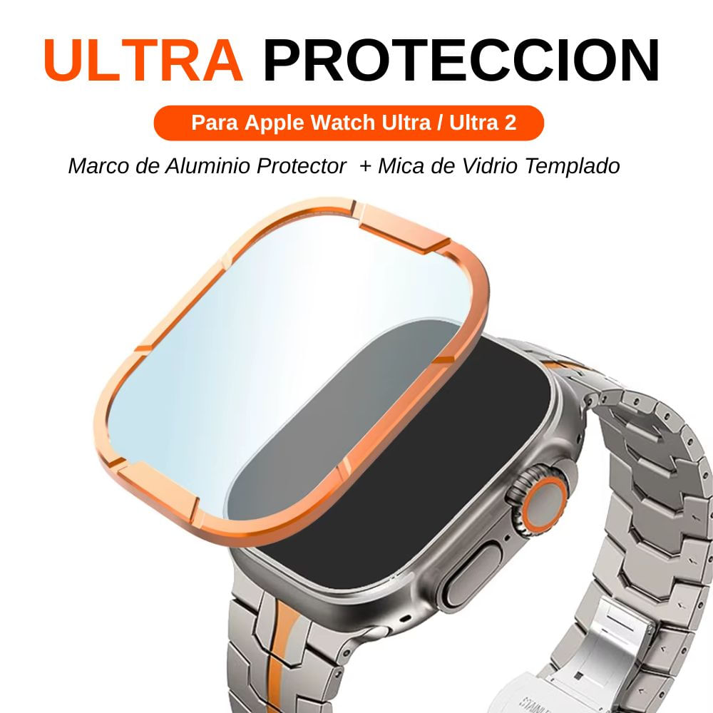Imagen 2 del producto Protector frontal aluminio y vidrio templado para Apple Watch Ultra y Ultra 2 49mm, dureza 9H y anti rayones, naranja