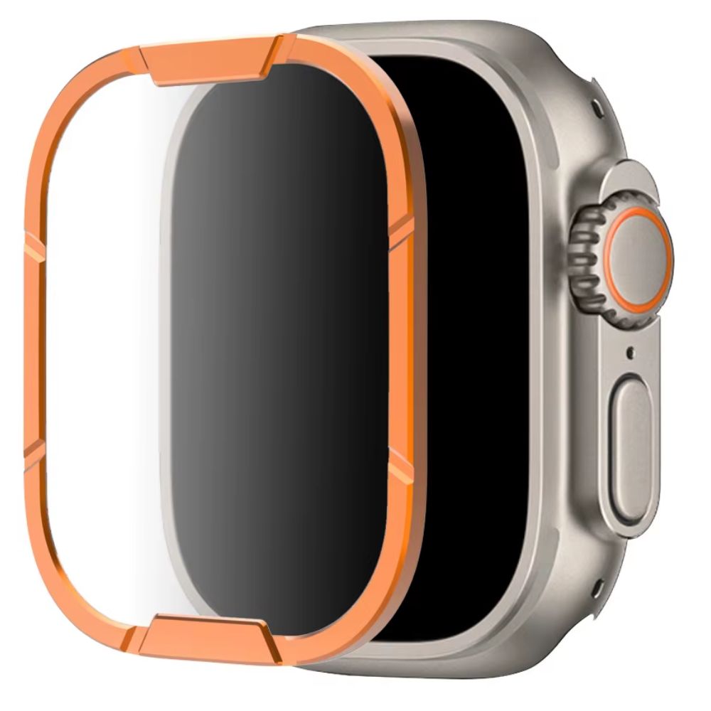 Imagen 1 del producto Protector frontal aluminio y vidrio templado para Apple Watch Ultra y Ultra 2 49mm, dureza 9H y anti rayones, naranja