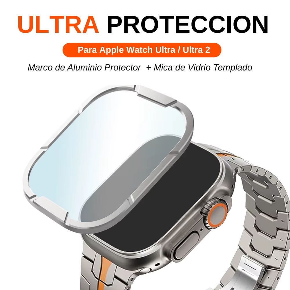 Imagen 2 del producto Protector frontal aluminio y vidrio templado para Apple Watch Ultra y Ultra 2 49mm, dureza 9H y anti rayones, plateado