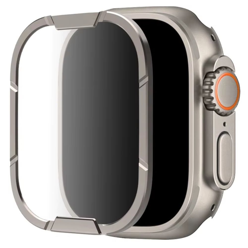 Protector frontal aluminio y vidrio templado para Apple Watch Ultra y Ultra 2 49mm, dureza 9H y anti rayones, plateado