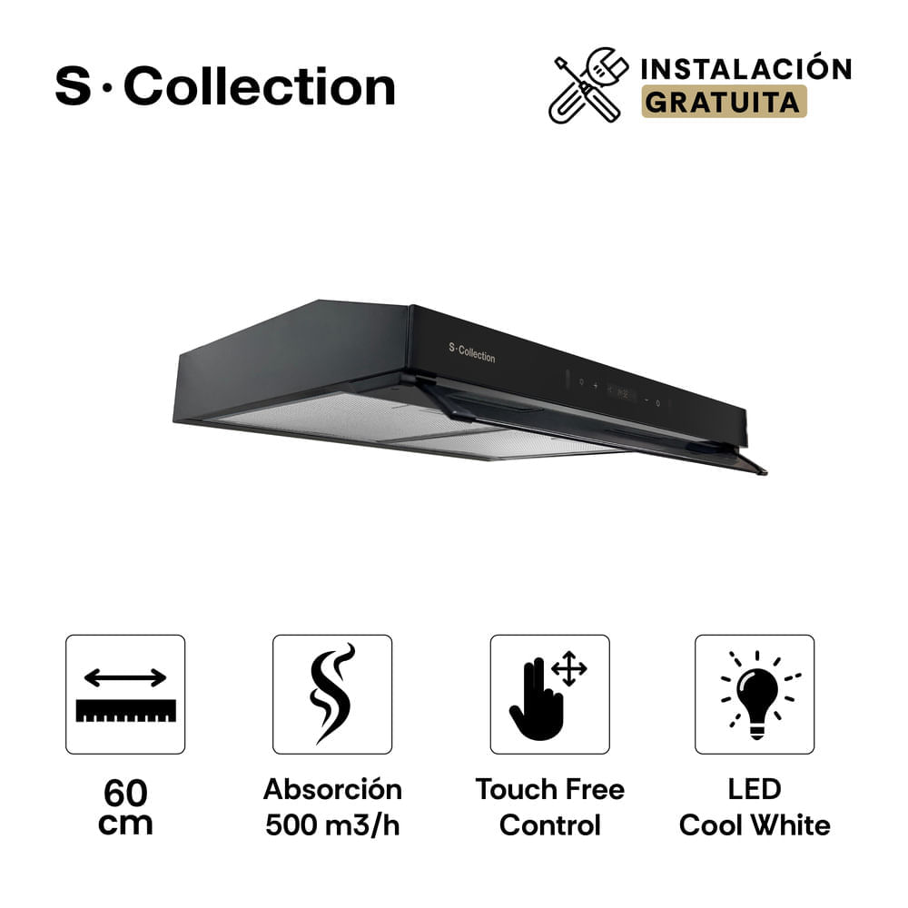Imagen 2 del producto Campana Slim Scollection, 60 cm, Black Touch Free, 500 m³/h, 3 niveles, LED, doble motor, negro