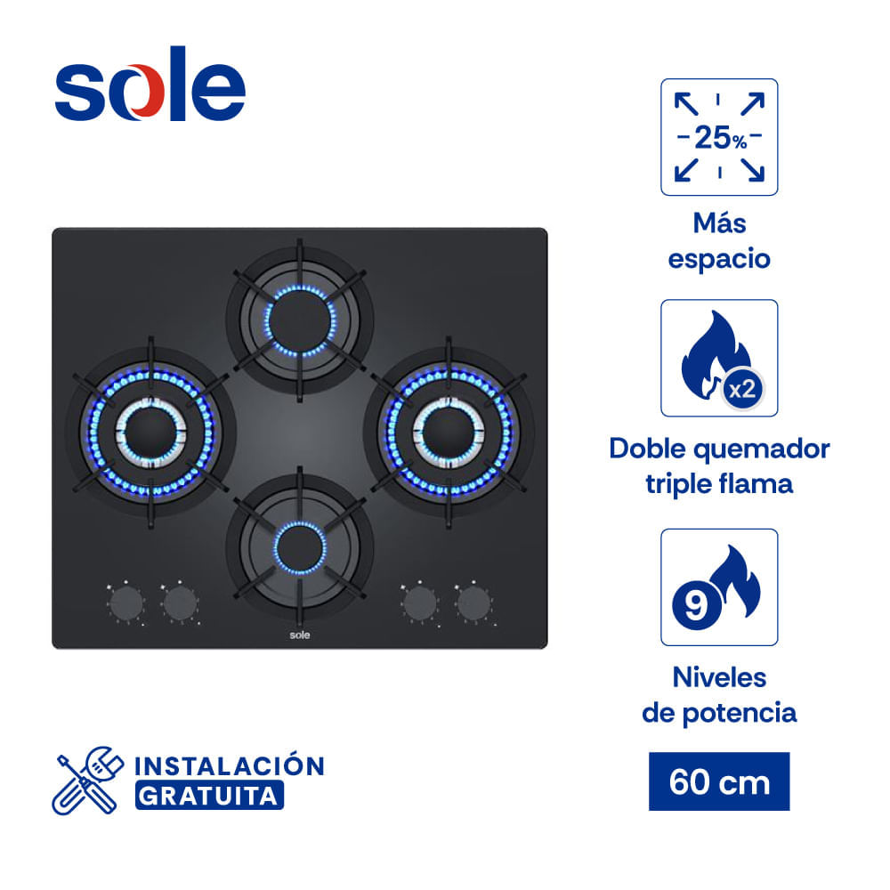 Imagen 2 del producto Encimera Sole Rubí Pro, a gas, 60 cm, vidrio templado, 4 quemadores, triple flama, ignición eléctrica, negro