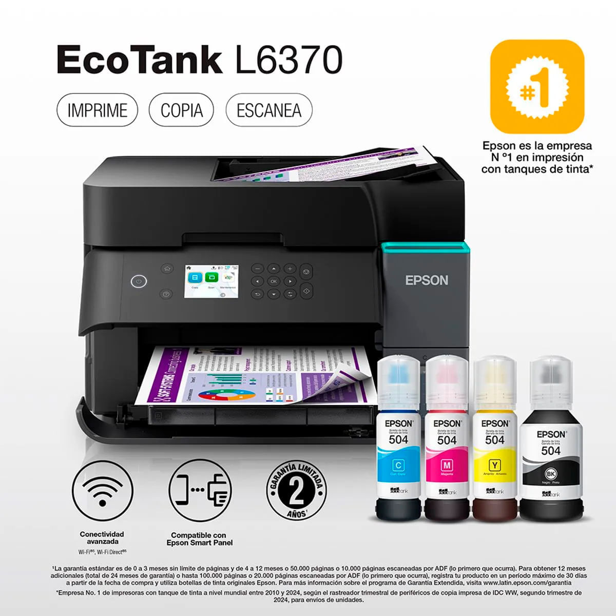 Imagen 2 del producto Impresora multifuncional Epson Ecotank L6370, inyección de tinta, inalámbrico, Wi-Fi, con tanques recargables