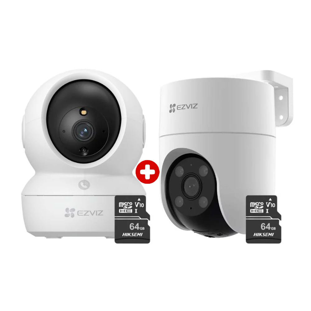 Kit cámaras de seguridad EZVIZ H6C 2K y H8C 2K, visión nocturna 360°, detección inteligente, con microSD 64GB, blanco